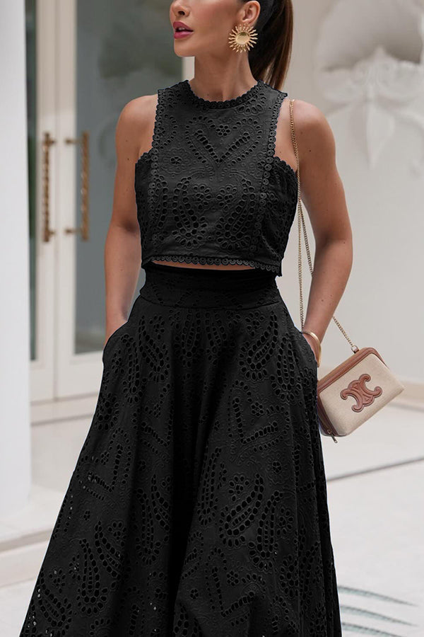 INESA | TWO-PIECE SET WITH EMBROIDERY AND HIGH-WAIST MAXI SKIRT