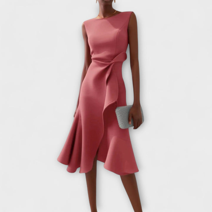 RHIANN | DRAPED ASYMMETRIC MIDI DRESS