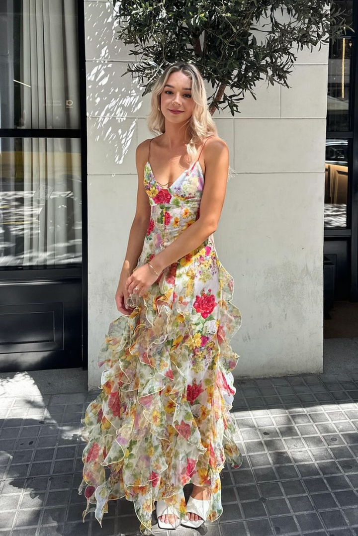 Oceana | Chiffon Rose Print Slit Maxi Dress