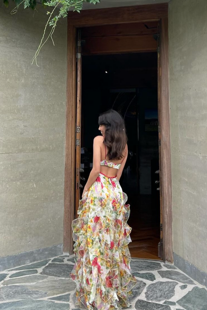 Oceana | Chiffon Rose Print Slit Maxi Dress