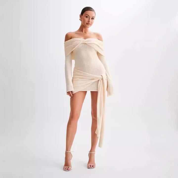 Sidony - Waist Knot Off-Shoulder Knitted Mini Dress